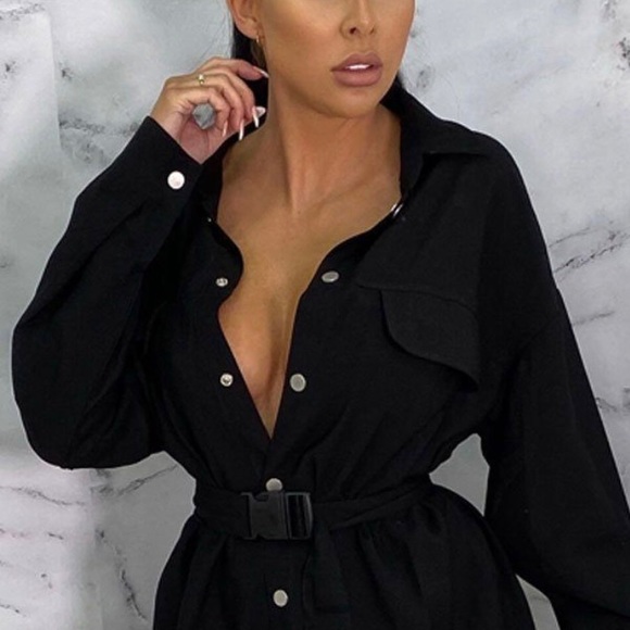 Black utility mini shirt dress with belt - Picture 3 of 3